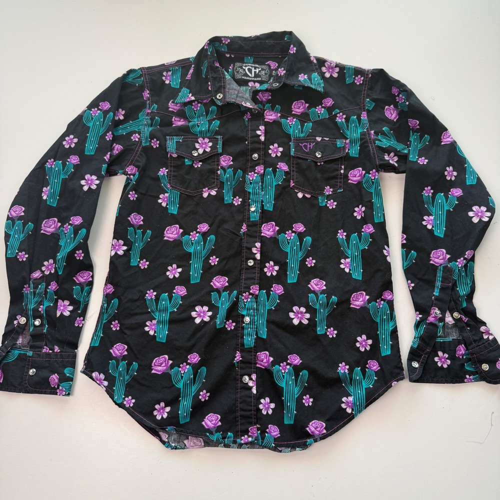 Cowgirl Hardware Girls XL 14/16 Black Cactus Floral Western Pearl Snap Shirt